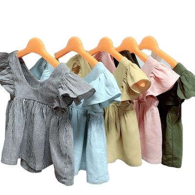 China Australia Anti-Shrink USA Fashions Babies Tops Summer Stripes Organic Cotton Linen Blouses For Toddler Girls 0-3 Years for sale