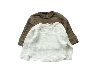 China FMFS Korean CIS Australia Autumn Outer Wear Plain Kids Anti-Shrink T-Shirts Long Sleeves Muslin Solid Cotton Shirts for sale