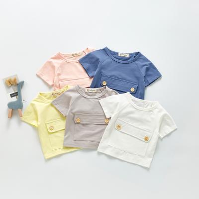 中国 ZHBB Korean CIA Anti-Shrink Infant Tees Summer Short Sleeves Unisex Newborn Boys Front Buttons Pockets Baby Tops T-Shirts 販売のため