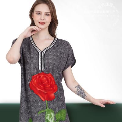 China Soft Breathable Ribbon Woven Muslim Long Dress Comfortable Casual Printing V-Neckline Heart-Shaped Short Sleeve Maxi Dress Soft Breathable Moisture Absorption Loose Ele for sale