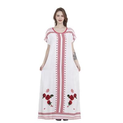 China Unique Art Women's Soft Short Sleeve Muslim Embroidered Long Short Sleeve Long Sleep Dress With Fabric On Front Of The Collar for sale