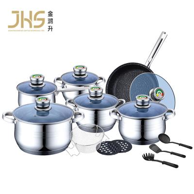 China JHS 18pcs Stainless Steel Viable Kitchen Cookingware Set Cookware With Lid Milk Pot Pan Casserole Stick Blue Glass Frying Pan No for sale