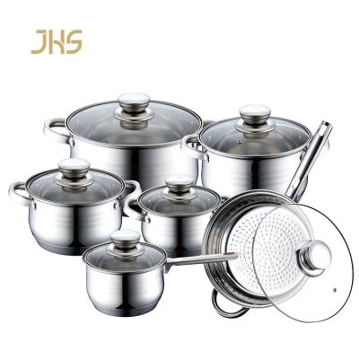 China JHS Factory 12pcs Sustainable Stainless Steel Kitchen Cooking Pots Pan Cookware Set With Clear Glass Lid for sale