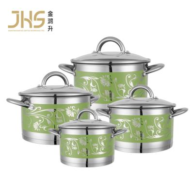 China Sustainable Wholesale JHS Green Printed 8 Piece Casserole Cooking Pot Stainless Steel Cookware Set for sale