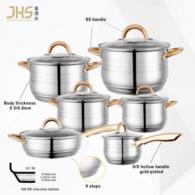 China JHS 13pcs Handle Stainless Steel Saucepan Casserole Dish Viable Gold Cookware Sets With Glass Lid for sale