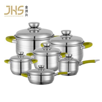 China JHS Sustainable 12pcs cooking pots and pans kitchen stainless steel cookware set for restaurants super markets for sale