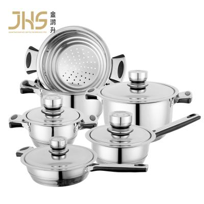 China JHS 16pcs viable wide edge stainless steel cookware pots and cookware-set non-stick pots and pans casserole set for sale