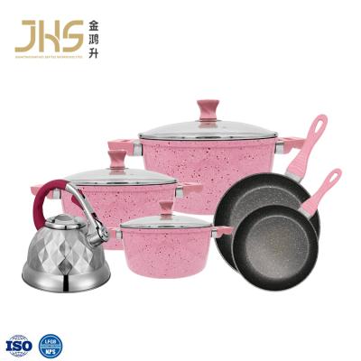 China Pink Die Casting Cast Iron Cooking Kettle Durable Aluminum OEM Stick Non Cooking Pot Frying Pan Casserole Glass Lid Cookware Sets With for sale