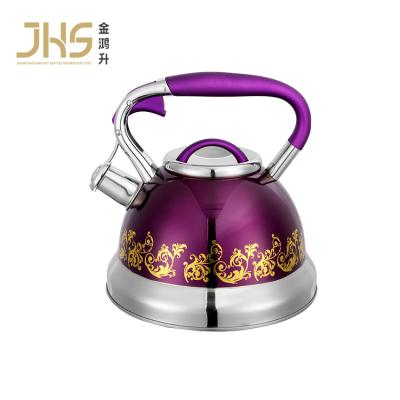 China JHS Viable Purple 3 Liter Stainless Steel Tea Kettle Luxury Whistling Teapot With Cool Silicone Handle for sale