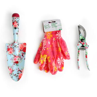 China Mini Garden Hand Tool Set 3pcs Floral Pattern Printed Gardening DIY Tools Printed Women Garden Shovel Kit Scissor Gloves for sale