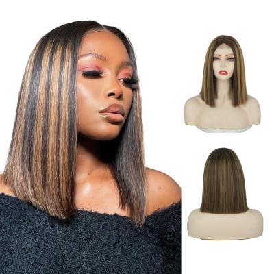 China High Temperature Fiber Hair Wigs Front Middle Part Bob Clean Soft Silky Straight Synthetic Hair 12inch Lace Wigs For Black Women for sale