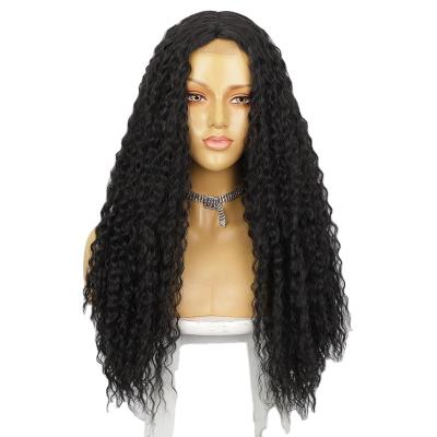 China Medium Lace Front Deep Wave Curly Wigs Black One Piece Soft Clean High Quality Heat Resistant Synthetic Fiber Wigs For Women for sale