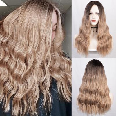 China Europe and the United States 2022 Fashionable High Temperature Synthetic Body Wave Lace Front Medium Honey Brown Black Ombre Part Wigs for Women Cosplay for sale