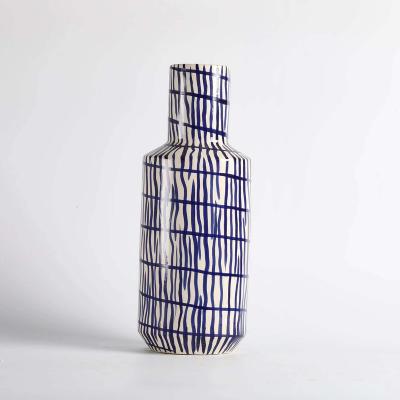 China Nordic Modern Ceramic Home Decoration White Blue Hand Painted Stripe Flower Vases Design Style Modern Minimalism for sale