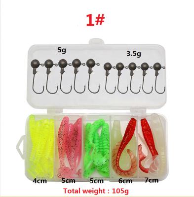 China 25pcs T Tail Rooting Dirty Soft Lure+10pcs PVC Lead Hook Fish Jig Hot Bait Sets Mixed Soft Bait Kits for sale