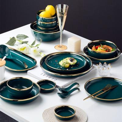 China Nordic Ceramic Stocked Dinnerware Set With Gold Rim Multiple Colors Green Pink White Black Graceful Color Fine Quality for sale