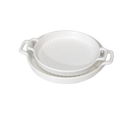 China Sustainable Morden Style Ceramic Round Pizza Baking Pan With Double Handle for sale