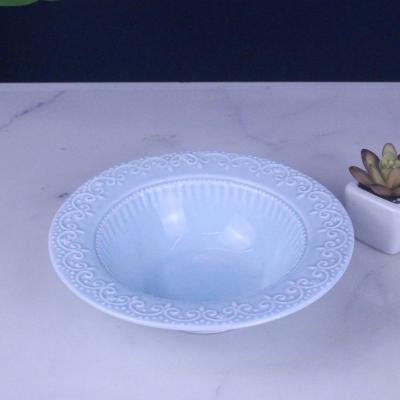 China Elegant Blue Embossed Soup Dish Viable Porcelain Lace 8 Inch Ceramic Deep Dish Dinner Dish For Wedding, Party, Home, Hotel, Restaurant for sale