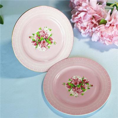 China LEXI Round Ceramic Porcelain Dinner Viable Plate Dishes Set Pink Color Flower Decoration Dish Set For Hotel Party for sale