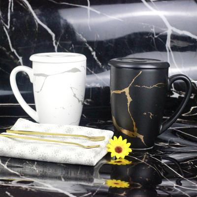 China 500ml Viable Porcelain Marble Pattern Couples Ceramic Mug With Lid And Spoon Coffee Mug With Gift Box For Wedding Anniversary Gift for sale