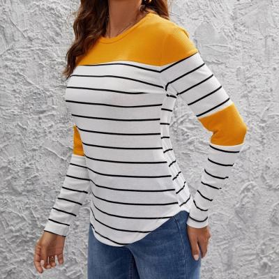 China Anti-wrinkle 2022 Spring And Autumn New Round Neck Patchwork Stripes Slim Street Shooting White Women's T-shirts Long Sleeve T-shirt for sale