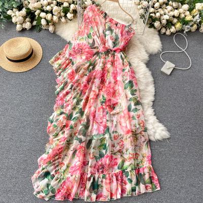 China Breathable floral dress plotting one shoulder elegant and clever ruffled fairy dress oblique collar holiday temperament for sale