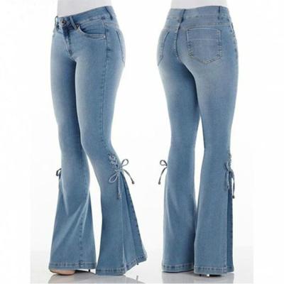 China QUICK DRY drop shipping mid waist buttocks lace up wide leg flare pants flare jeans wide leg jeans Bell bottom jeans for sale