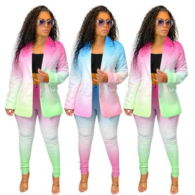 China Breathable Drop Shipping Autumn Winter Long Sleeved Solid Color Setting Printing Gradient Blazer Coat Suit Women Blazer Sets for sale