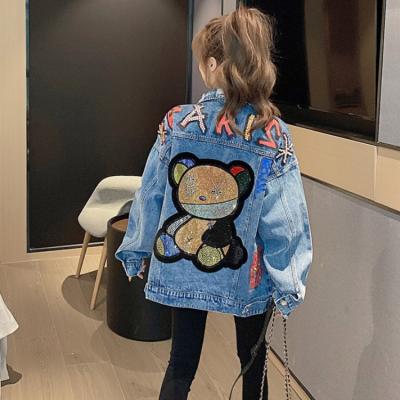 China Autumn Rhinestone Heavy Beading Loose Fashion Dropshipping 2021 Anti-wrinkle Denim Blue Jean Coats Woman Outerwear for sale