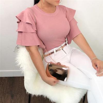 China 2021 summer fashion anti-pilling sleeve crop top women casual solid ruched crew neck pink tops fashionable ladies blouse for sale