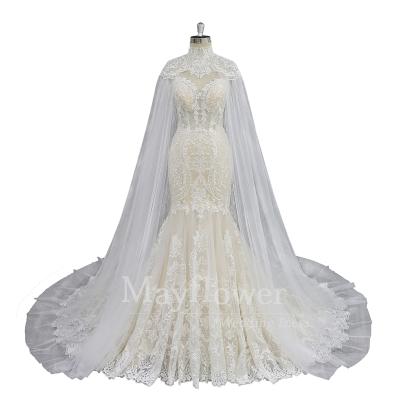 China Wholesale Anti-Static Illusion Mermaid Lace Back Wedding Dresses With Detachable Cape for sale