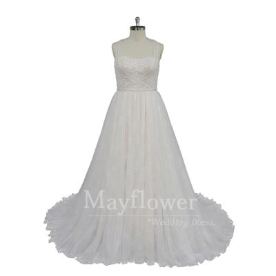 China Anti-Static Sparkle Lace Straps Bifurcated Backless Wedding Dresses Made In China for sale