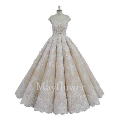 China Anti-Static Cap Sleeves 3D Lace Wedding Dress Champagne Ball Gown Wedding Dresses for sale