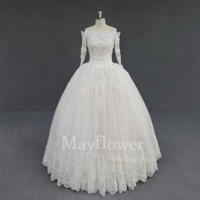 China Antistatic Blush Ball Gown Off The Shoulder Sheath Long 3D Lace Wedding Dresses for sale