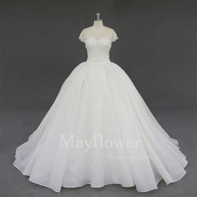 China Anti-Static Bridal Lace Organza Ball Gown Sleeve Cap Beaded Wedding Dress for sale