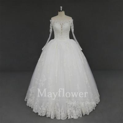 China Princess Wedding Dress Anti-Static Puffy Deep V-Neck Off Shoulder Long Sleeves Wedding Dress for sale