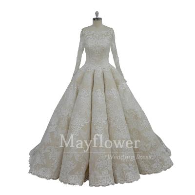 China Real Photo Anti-Static Long Sleeves Lace Up Skirt Wedding Dress Beaded Draped Wedding Dress for sale