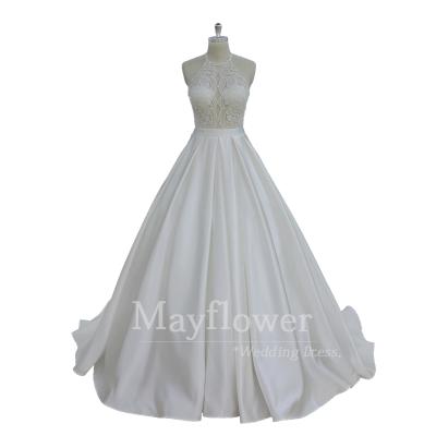 China JA7874 Anti-Static Halter Neck Lace Appliques See Corset Satin Wedding Dress for sale