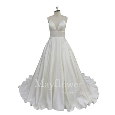 China Anti-Static Noodle Ties Plunging Neckline Wedding Dress Silky Satin Wedding Dresses 2020 for sale