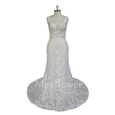 China Anti-Static Lace Wedding Dress Plunging Neckline Mermaid Sparkle Wedding Dress for sale