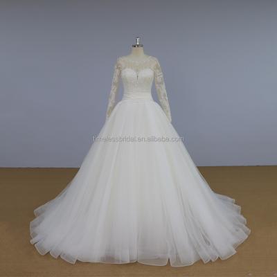 China Anti-Static Deep Sweetheart Neckline Wedding Dress With Long Sleeves Nude Sheer Lace for sale