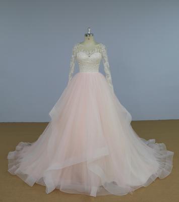 China Real Sample Pink Wedding Dress Lace Wedding Dress Anti - Static Thrown Long Sleeves for sale