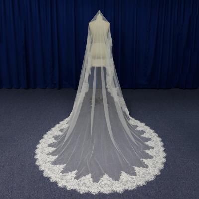 China Anti-Static Elegant Long Wedding Veils With Edge Lace Appliques For Brides for sale