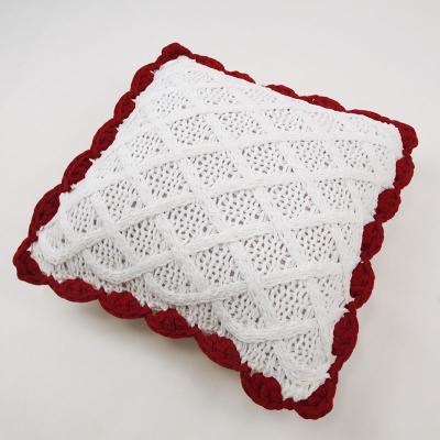 China Non-Toxic Bulk Red White Handmade Macrame Chenille Knitted Decorative Merry Christmas Pillow Cushion Cover for sale