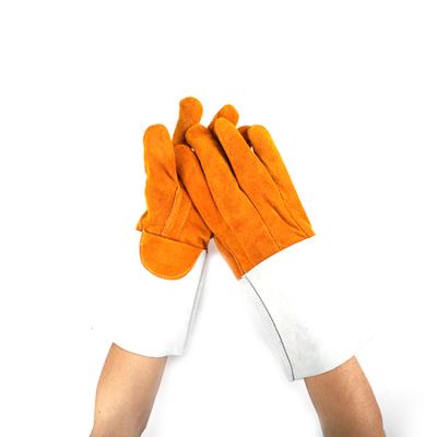 China Custom Flame Retardant Heat Resistant Sublimation Long Scratched Stick Hand Safety Working Split Leather Welding Gloves for sale