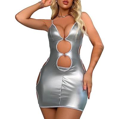 China High Quality Women's PU Leather Lingerie Nightgown V-Neck Lingerie Silver Cut PU Leather Babydoll With Thong for sale