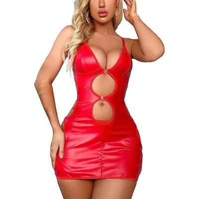 China Women's Cut V-Neck PU Leather Nightgown Fashion Style Women's Lingerie V-Neck PU Cut Red Leather Nightgown With Thong for sale