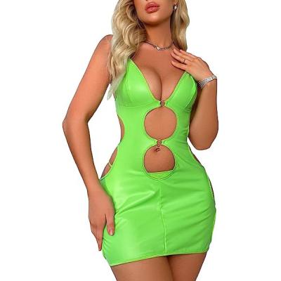 China Hot Sales Women's V-Neckline PU Leather Nightgown Cutout Green PU Leather Babydoll With Thong for sale