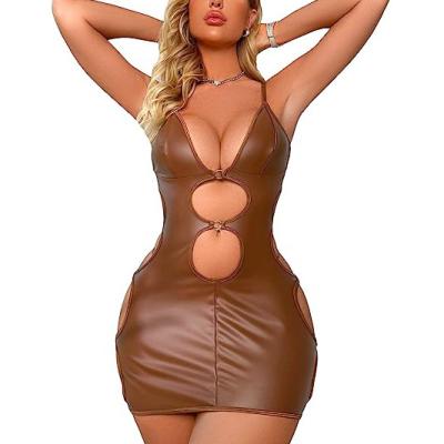 China Wholesale Women's PU Leather Babydoll Women's Lingerie Brown V-Neck Cutout PU Leather Babydoll With Thong for sale