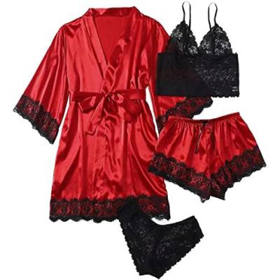 China Women's 4 Piece Satin Lace Floral Lingerie Women's Lingerie 4 Piece Floral Lace Cami Top Satin Pajama Set With Long Robe S-XL for sale